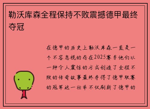 勒沃库森全程保持不败震撼德甲最终夺冠 勒沃库森全程保持不败震撼德甲最终夺冠